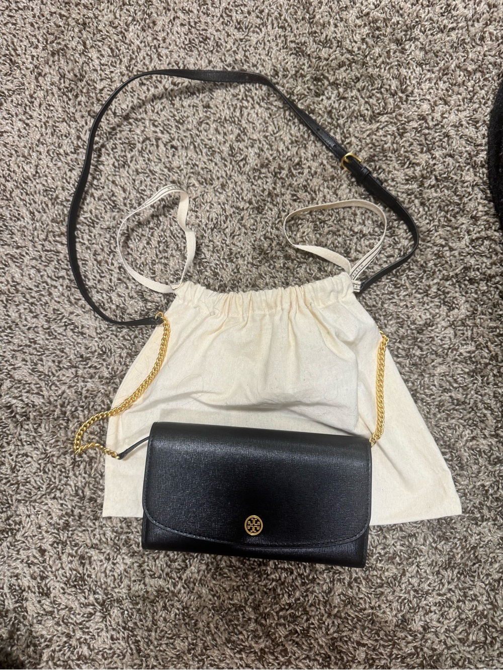 Tory Burch Black Leather Crossbody with Gold Chain Accent